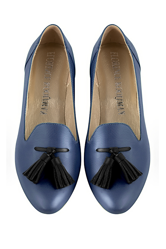 Prussian blue and satin black women's loafers with pompons. Round toe. Flat leather soles. Top view - Florence KOOIJMAN